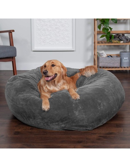 Soft & Cozy Dog Bed for Large Dogs, Refillable w/ Removable Washable Cover & Liner, For Dogs Up to 95 lbs - Plush Faux Fur Bean Bag Style Ball Bed - Gray Mist, XL/Jumbo