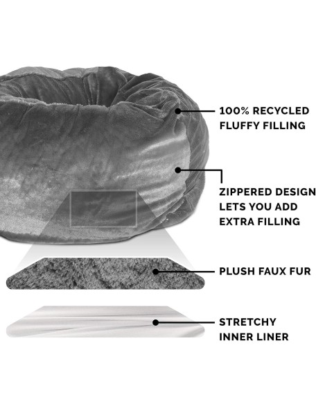 Soft & Cozy Dog Bed for Large Dogs, Refillable w/ Removable Washable Cover & Liner, For Dogs Up to 95 lbs - Plush Faux Fur Bean Bag Style Ball Bed - Gray Mist, XL/Jumbo