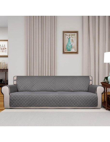 Reversible Quilted Sofa Cover, Water Resistant Slipcover Furniture Protector, Washable Couch Cover with Non Slip and Elastic Straps for Kids, Dogs, Pets (XX Large, Gray/Light Gray)