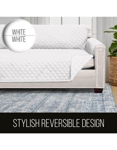 Sofa Shield Couch Slip Cover with Patented Strap, Large Cushion Protector, Reversible Stain and Dog Tear Resistant Slipcover, Quilted Microfiber 88” Seat, Washable Covers for Dogs Pets Kids, White