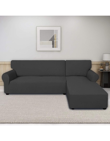 Super Stretch Sectional Couch Covers - 2 pcs Spandex Non Slip, with Elastic Bottom for L Shape Sectional Sofa Couches, Great for Kids & Pets (3 Seat Sofa + 3 Seat Chaise, Dark Gray)
