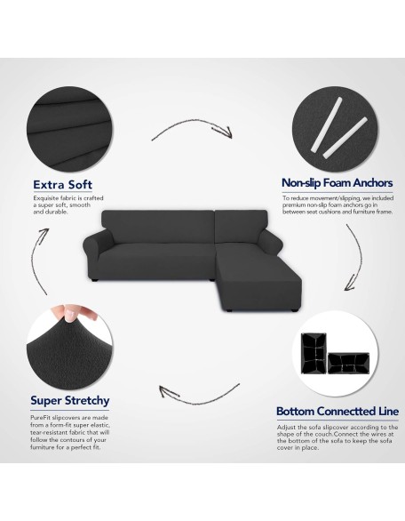 Super Stretch Sectional Couch Covers - 2 pcs Spandex Non Slip, with Elastic Bottom for L Shape Sectional Sofa Couches, Great for Kids & Pets (3 Seat Sofa + 3 Seat Chaise, Dark Gray)