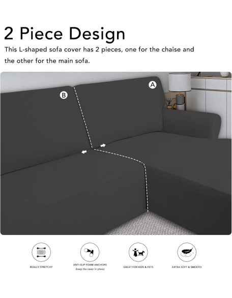 Super Stretch Sectional Couch Covers - 2 pcs Spandex Non Slip, with Elastic Bottom for L Shape Sectional Sofa Couches, Great for Kids & Pets (3 Seat Sofa + 3 Seat Chaise, Dark Gray)