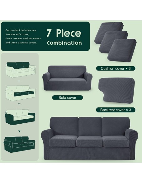7 Piece Stretch Sofa Covers for 3 Cushion Couch Covers, 3 Seater Couch Slipcover with 3 Separate Backrests and Cushions with Elastic Band, Spandex Jacquard Fabric(Large, Gray)