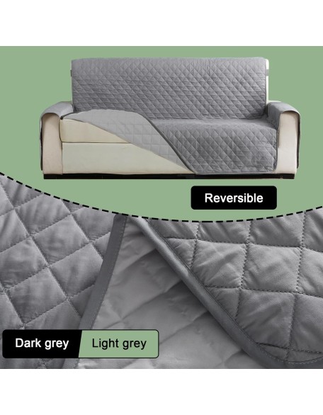 Waterproof Couch Cover 4 Seater Washable Reversible Quilted 88" Seat Width Sofa Slipcover Furniture Protector with Durable Elastic Straps for Kids Dogs Pets Gray/Light Gray