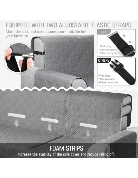 100% Waterproof Sectional Couch Covers L Shaped Sofa Covers Chaise Lounge Cover 3pcs Reversible Couch Covers for Sectional Sofa Pet Kids Furniture Protector with Elastic Straps(Small, Gray)