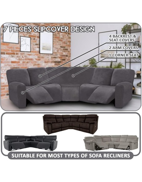 7-Piece Sectional Sofa Covers, Velvet Stretch Reclining Couch Covers for Reclining L Shape Sofa, Thick, Soft, Washable (Dark Grey, 5 Seat Recliner Cover)