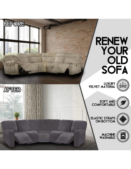 7-Piece Sectional Sofa Covers, Velvet Stretch Reclining Couch Covers for Reclining L Shape Sofa, Thick, Soft, Washable (Dark Grey, 5 Seat Recliner Cover)