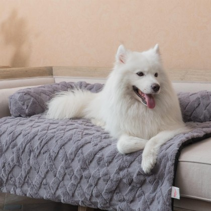 Sofsafe Calming Dog Bed Pet Couch Protector Cat Plush Mats with Removable Washable Cover,Furniture Sofa Cushion with Soft Neck Bolster (X-Large 45", Grey)