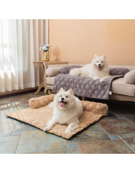 Sofsafe Calming Dog Bed Pet Couch Protector Cat Plush Mats with Removable Washable Cover,Furniture Sofa Cushion with Soft Neck Bolster (X-Large 45", Grey)