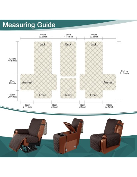 Waterproof Recliner Loveseat Cover with Console Non-Slip Couch Covers for Reclining Couches Pet Cover for Double Recliner Sofa Cover with Elastic Straps for Kid Dogs Pets (Chocolate, 2 Seater)
