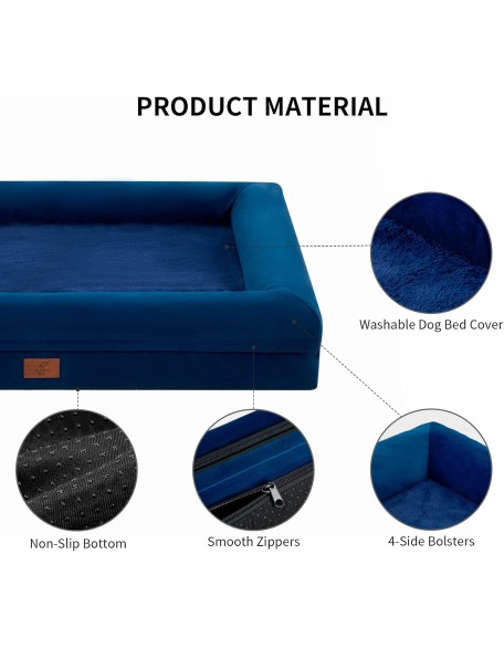 Large Dog Bed, Orthopedic Dog Bed, Waterproof Dog Bed with Removable Cover, 4-Sides Removable Bolster Dog Soft Sofa Bed with Nonskid Bottom, Washable Dog Beds for Large Dogs, Rich Blue