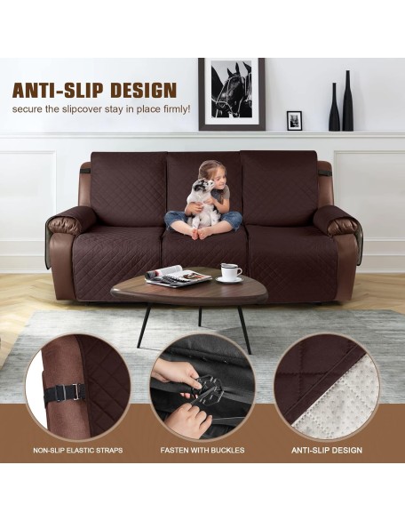 Waterproof Recliner Sofa Cover, Non-Slip Reclining Couch Covers for 3 Seat, Recliner Couch Cover Furniture Protector with Elastic Straps for Pets, Kids, Coffee