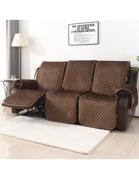 Non Slip Recliner Sofa Covers,Velvet Waterproof Recliner Couch Covers for 3 seat,Washable Reclining Couch Cover Furniture Protector for Dogs,Pets (Brown, 3 Seater)