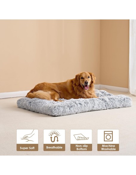 Fluffy Dog Crate Pad, Plush Faux Fur Dog Bed for Extra Large Dogs, Calming Anti Anxiety XL Dog Bed for Crate, Washable Soft Warm Dog Crate Mat with Non-Slip Bottom, Grey