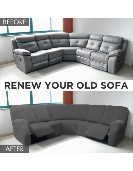 7 Pcs L Shape Sectional Recliner Sofa Covers 5 Seat Sectional Couch Covers Milk Silk Velvet Stretch Reclining Sofa Cover Sofa Slipcover Furniture Protector for Room (Dark Gray,Milk Silk)