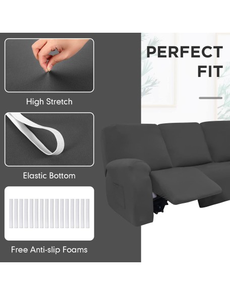7 Pcs L Shape Sectional Recliner Sofa Covers 5 Seat Sectional Couch Covers Milk Silk Velvet Stretch Reclining Sofa Cover Sofa Slipcover Furniture Protector for Room (Dark Gray,Milk Silk)