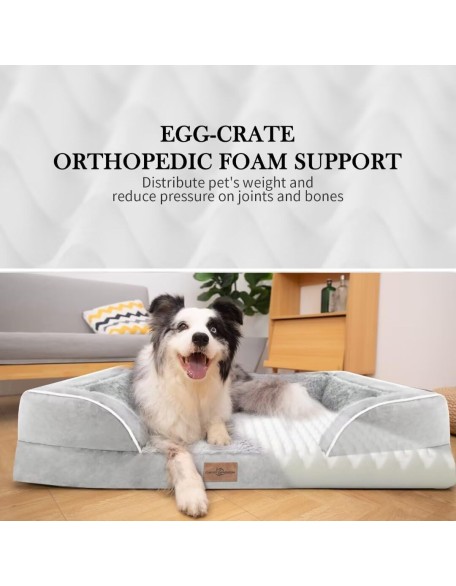 XL Dog Bed Waterproof, Extra Large Dog Beds Orthopedic Foam, Large Dog Beds with Bolster, Washable Dog Bed Sofa Pet Bed with Removable Cover & Non-Slip Bottom(X-Large,Grey White)
