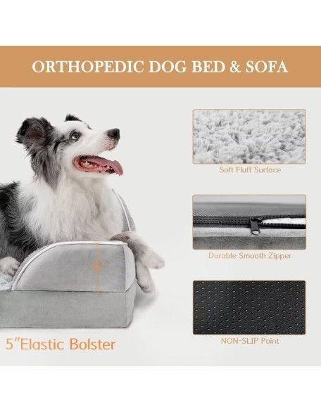 XL Dog Bed Waterproof, Extra Large Dog Beds Orthopedic Foam, Large Dog Beds with Bolster, Washable Dog Bed Sofa Pet Bed with Removable Cover & Non-Slip Bottom(X-Large,Grey White)
