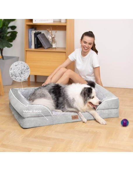 XL Dog Bed Waterproof, Extra Large Dog Beds Orthopedic Foam, Large Dog Beds with Bolster, Washable Dog Bed Sofa Pet Bed with Removable Cover & Non-Slip Bottom(X-Large,Grey White)