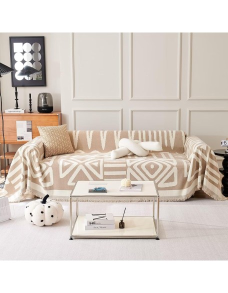  Boho Chenille Couch Cover Chic Geometric Sofa Slipcover 1 Piece Non Slip Furniture Protector White Cream Beige Tan Khaki Triangle Plaid Sofa Cover for Dog Cat Kids Soft Furniture Protector