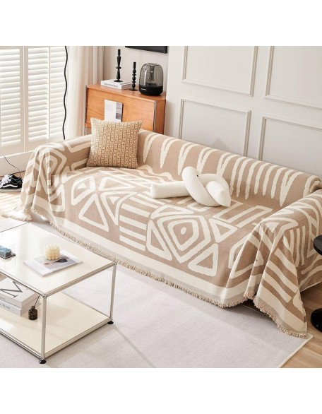  Boho Chenille Couch Cover Chic Geometric Sofa Slipcover 1 Piece Non Slip Furniture Protector White Cream Beige Tan Khaki Triangle Plaid Sofa Cover for Dog Cat Kids Soft Furniture Protector