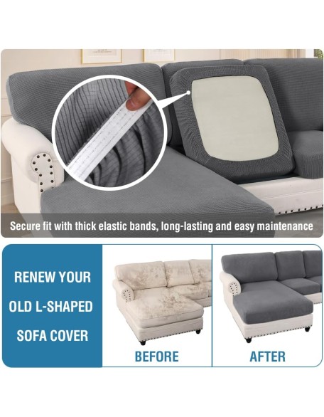 2024 New Sectional Couch Covers 8 Pieces Stretch Sofa Covers for Sectional Sofa Set Separate L Shaped Couch Cover for Both Left/Right Couch (Seat and Back: 1 Chaise + 3 Sofa, Grey)