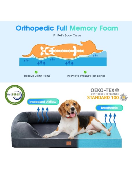 4 Inch Full Memory Foam Dog Bed with Bolster Pillow, Orthopedic Dog Bed for Large and Extra Large Dogs, Soft Waterproof Couch Pet Bed with Removable Washable Cover and Durable Zipper, Grey,44x34