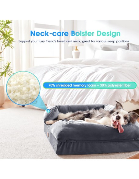 4 Inch Full Memory Foam Dog Bed with Bolster Pillow, Orthopedic Dog Bed for Large and Extra Large Dogs, Soft Waterproof Couch Pet Bed with Removable Washable Cover and Durable Zipper, Grey,44x34