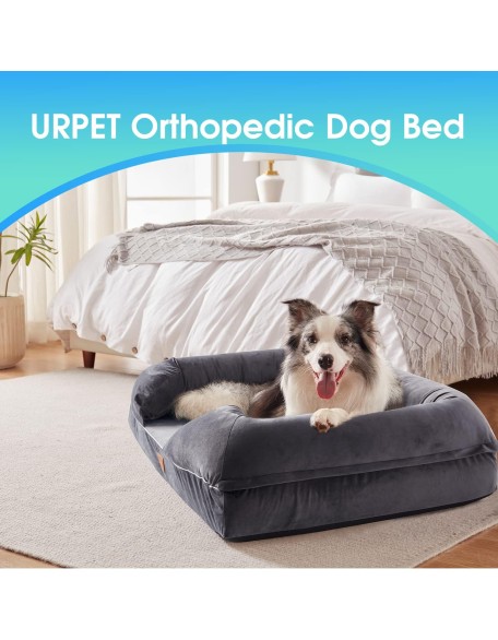 4 Inch Full Memory Foam Dog Bed with Bolster Pillow, Orthopedic Dog Bed for Large and Extra Large Dogs, Soft Waterproof Couch Pet Bed with Removable Washable Cover and Durable Zipper, Grey,44x34