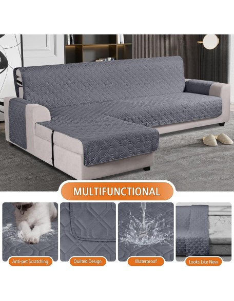 Upgraded Sectional Couch Covers 100% Waterproof L Shaped Sofa Slipcover Reversible Chaise Lounge Cover for Sectional Sofa Furniture Protector Cover for Pets Dog Cat(Large, Nature Gray)