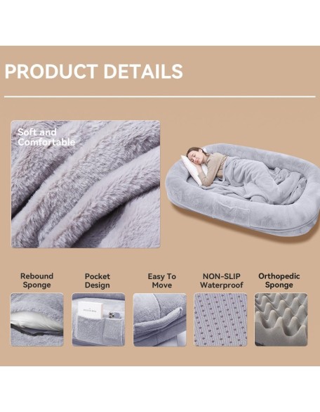 Ultra-Soft Human Size Dog Bed for People and Pets; 77”x51”x11” Extra Large Dog Bed with Raised Cushioned Rim, Removable Cover, Waterproof Lining and Bonus Blanket (77"x51"x11", Grey)