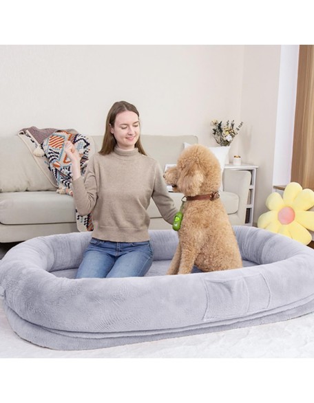Ultra-Soft Human Size Dog Bed for People and Pets; 77”x51”x11” Extra Large Dog Bed with Raised Cushioned Rim, Removable Cover, Waterproof Lining and Bonus Blanket (77"x51"x11", Grey)