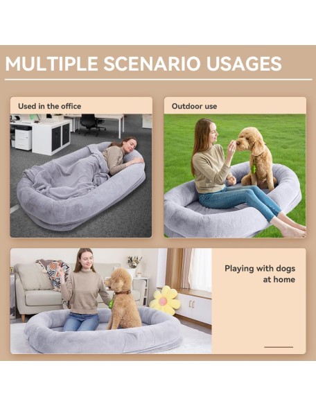 Ultra-Soft Human Size Dog Bed for People and Pets; 77”x51”x11” Extra Large Dog Bed with Raised Cushioned Rim, Removable Cover, Waterproof Lining and Bonus Blanket (77"x51"x11", Grey)