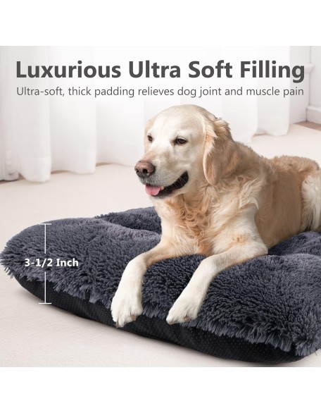 Large Dog Bed Crate Pad, Deluxe Plush Washable Dog Beds Fulffy Soft Kennel Pad Anti-Slip Pet Sleeping Mat for Large Medium Small Dogs, 35" x 21", Grey