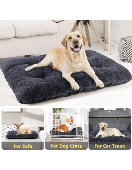 Large Dog Bed Crate Pad, Deluxe Plush Washable Dog Beds Fulffy Soft Kennel Pad Anti-Slip Pet Sleeping Mat for Large Medium Small Dogs, 35" x 21", Grey