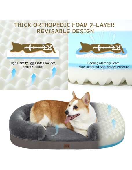 Orthopedic Dog Bed for Large Dogs with Memory Foam, Waterproof Pet Bed Soft Sofa with Washable Removable Cover Anti-Slip Bottom, Extra Head and Neck Support Sleeper, 38” Dark Grey