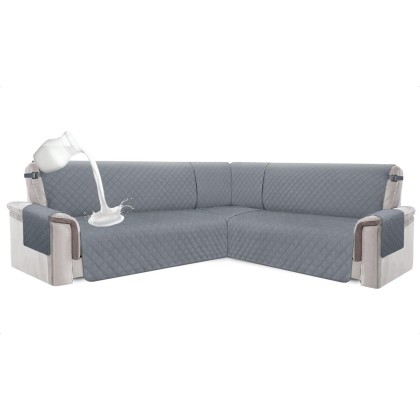 100% Waterproof Corner Sectional Couch Covers L Shape 3-Piece Quilted Sectional Sofa Cover Slipcover Set U Shaped Washable Pet Dog Furniture Protector with Non Slip Straps (Dark Gray)
