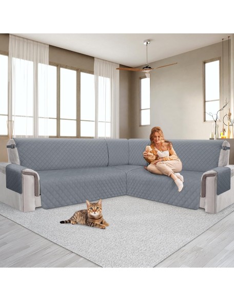 100% Waterproof Corner Sectional Couch Covers L Shape 3-Piece Quilted Sectional Sofa Cover Slipcover Set U Shaped Washable Pet Dog Furniture Protector with Non Slip Straps (Dark Gray)