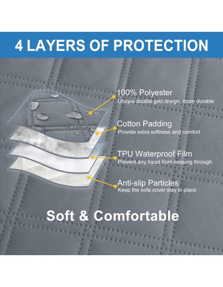 100% Waterproof Corner Sectional Couch Covers L Shape 3-Piece Quilted Sectional Sofa Cover Slipcover Set U Shaped Washable Pet Dog Furniture Protector with Non Slip Straps (Dark Gray)