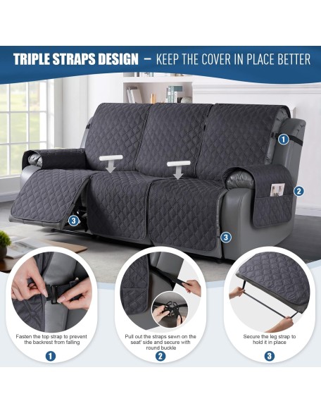 Waterproof Recliner Couch Cover 1-Piece Sofa Covers for Reclining Sofa 3 Seat with Leg Straps Pocket, Washable Reclining Sofa Covers Couch Protector for Dogs Pets Kids(3 Seater, Charcoal Gray)