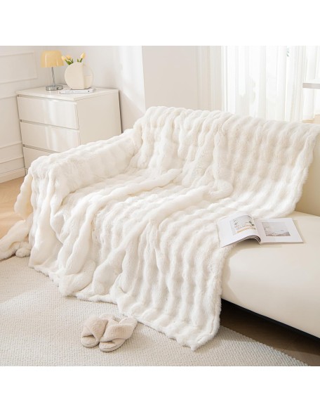 Thick Faux Rabbit Fur Couch Cover 1-Piece Non-Slip Warm Soft Cozy Sofa Covers,Fluffy Plush Sofa Slipcover Furniture Protector for Kids,Pets(White,71" x 118")