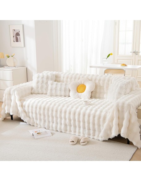 Thick Faux Rabbit Fur Couch Cover 1-Piece Non-Slip Warm Soft Cozy Sofa Covers,Fluffy Plush Sofa Slipcover Furniture Protector for Kids,Pets(White,71" x 118")