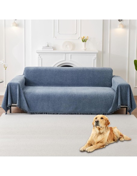 Non Slip couch cover sofa covers for 3 cushion couch Washable sectional couch covers for Dogs pet Furniture Protector Couch Cover Blanket for Living Room (Blue, 91"x134")