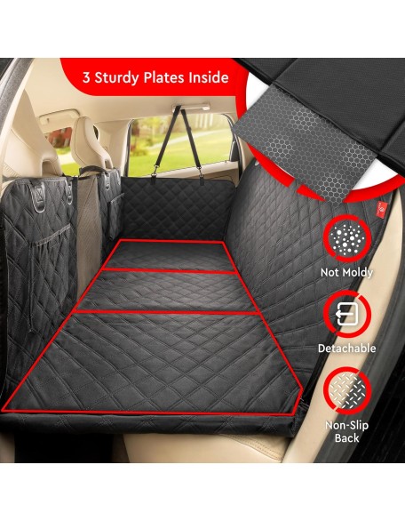 Back Seat Extender for Dogs, Premium Car Seat Cover with Hard Bottom Plates, Waterproof Backseat Protector, Mesh Window and 2 Storage Pockets, Hammock Travel Bed for Car, SUV, Truck