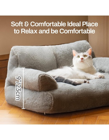 Pet Couch Bed, Washable Cat Beds for Medium Small Dogs & Cats up to 25 lbs, Dog Beds with Non-Slip Bottom, Fluffy Cat Couch, 26×19×13 Inch (Grey)