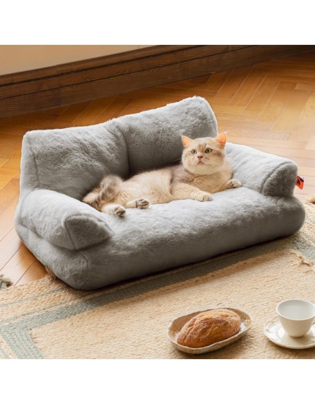 Pet Couch Bed, Washable Cat Beds for Medium Small Dogs & Cats up to 25 lbs, Dog Beds with Non-Slip Bottom, Fluffy Cat Couch, 26×19×13 Inch (Grey)