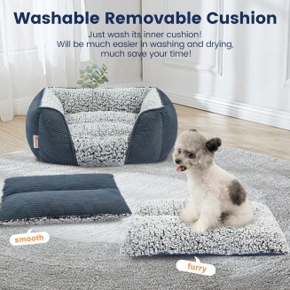 Washable Dog Bed with Removable Cushion for Medium Small Dogs, Easy to Wash Pet Sofa Bed with Side, Rectangle Bolster Cat Bed Calming Cuddle Puppy Bed with Anti-Slip Bottom, Blue 30 Inch