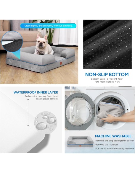 Orthopedic Extra Large Dog Bed with Full Memory Foam, Certified by CertiPUR-US®, Premium Velvet Cover, Breathable & Washable, Soft Dog Sofa Bed, Waterproof Liner, Anti-Slip Bottom, Grey