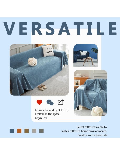 Chenille Couch Cover Sectional Sofa Covers for 3 Cushion Couch Geometric Furniture Protector Couch Cover for Dogs Pet Sofa Slipcover Herringbone Blue Couch Cover Blanket, 91"x150"